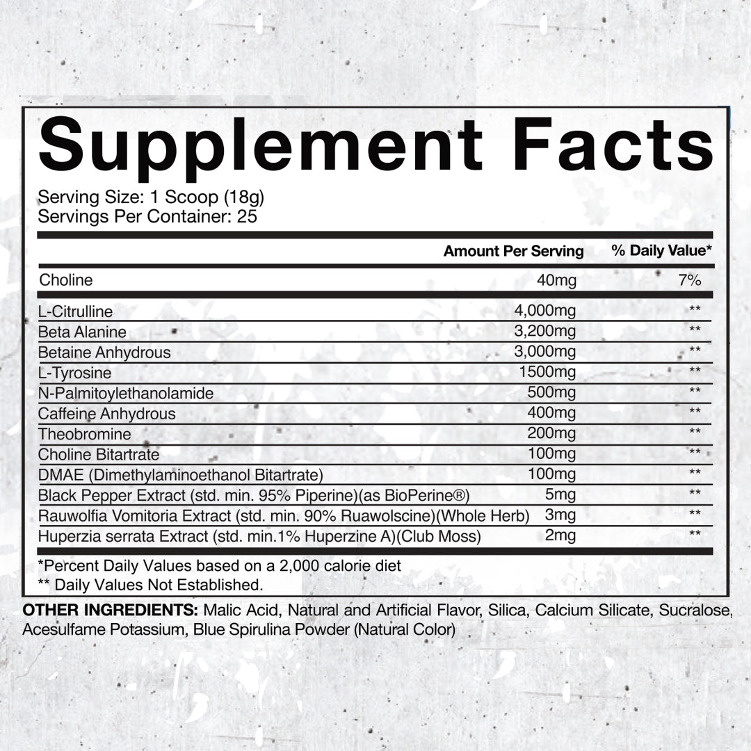 Supplement facts for SuperPump Aggression, detailing ingredients and amounts per serving including L-Citrulline, Beta Alanine, and Caffeine Anhydrous.